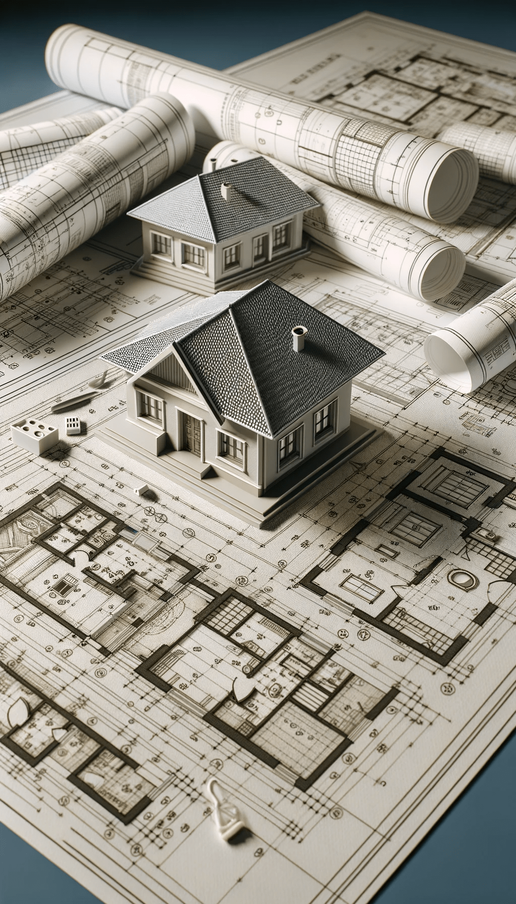 DALL·E 2023-11-01 16.33.24 - Photo of a detailed construction blueprint spread out on a table, with a realistic 3D model of a house placed on top of it. The blueprint shows intric-min